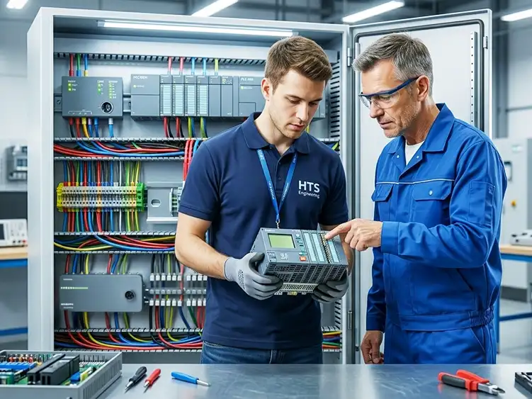 Ingegnere e tecnico HTS Engineering analizzano un componente di alta qualità per un quadro elettrico industriale, garantendo sicurezza e durata.