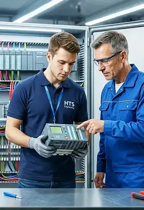 Ingegnere e tecnico HTS Engineering analizzano un componente di alta qualità per un quadro elettrico industriale, garantendo sicurezza e durata.